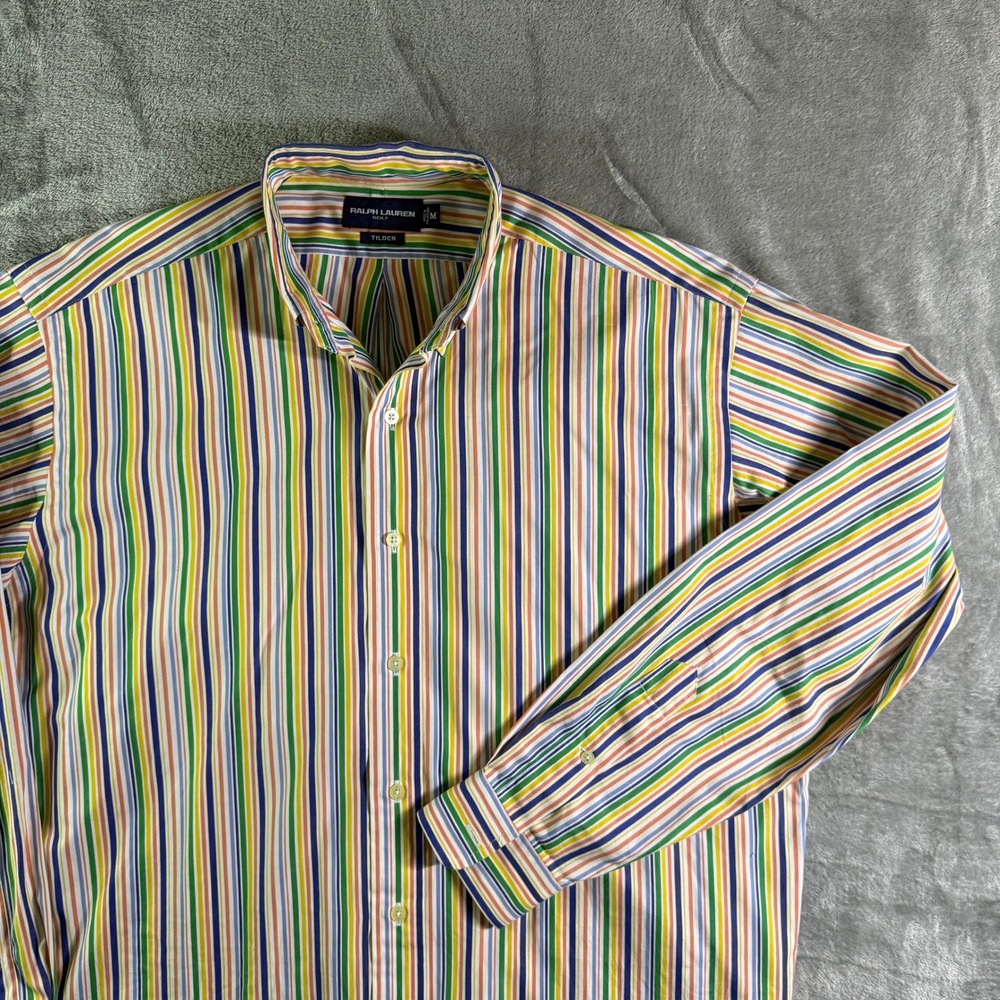 Ralph Lauren Golf Rainbow Striped Tilden Button Down Shirt Colorful Medium